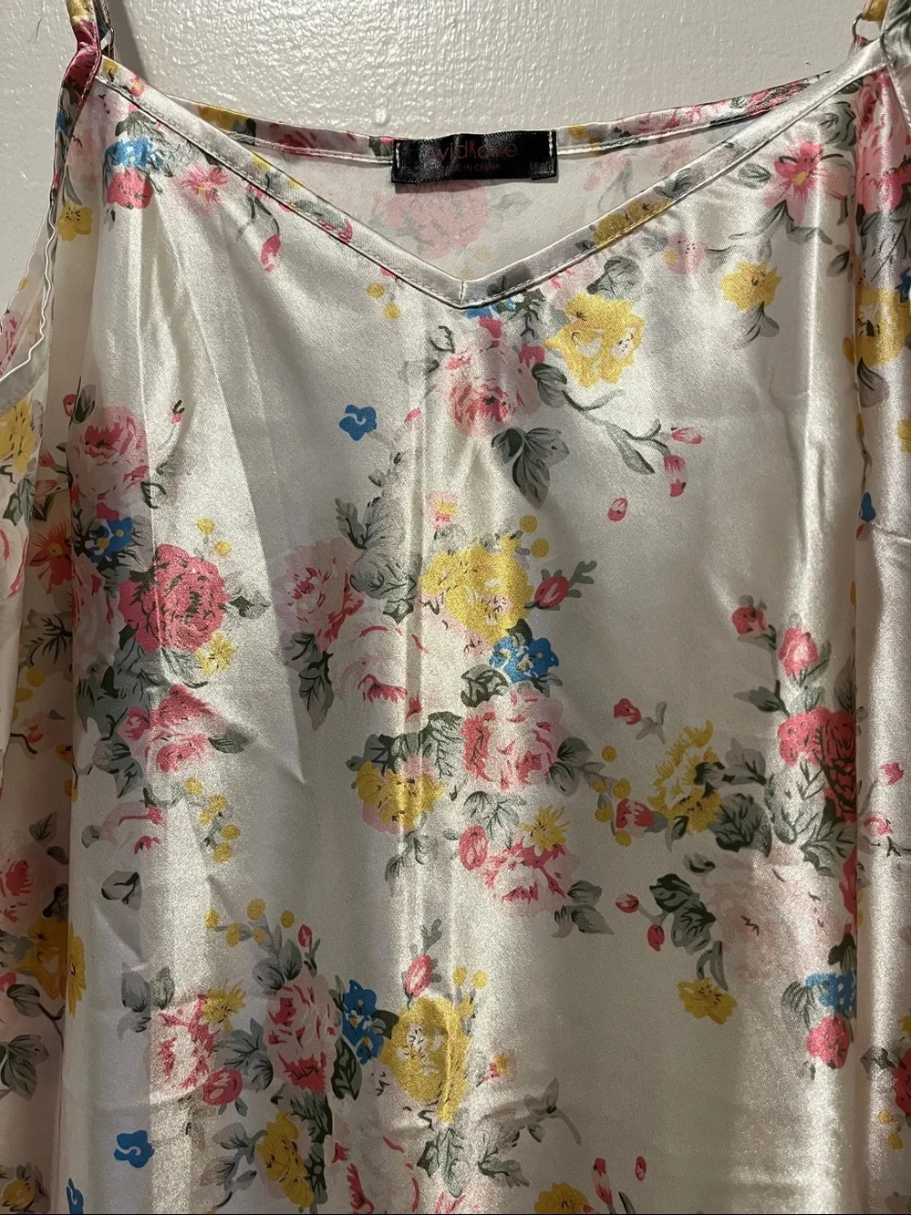 Women's Floral Satin Slip Dress - Cream with Pink & Yellow Flowers